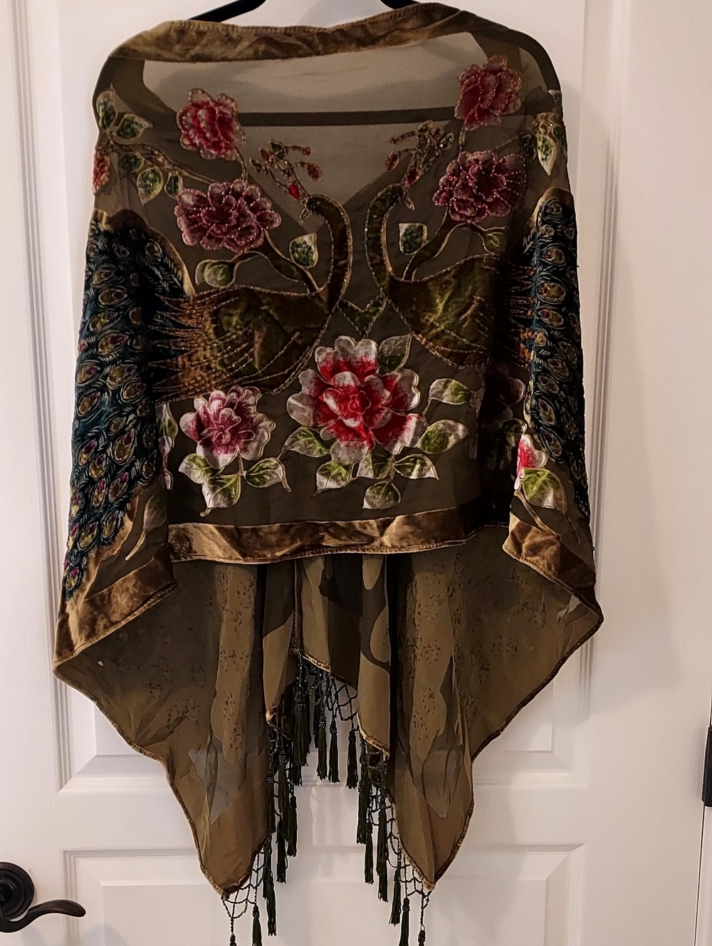 Peacock Embroidered Olive Sheer Shawl with Floral & Peacock Burnout  Motif Sheer